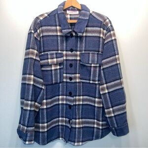Nichole Lynel Heavyweight Flannel Blue Pink Plaid Shacket Size Large Button Up